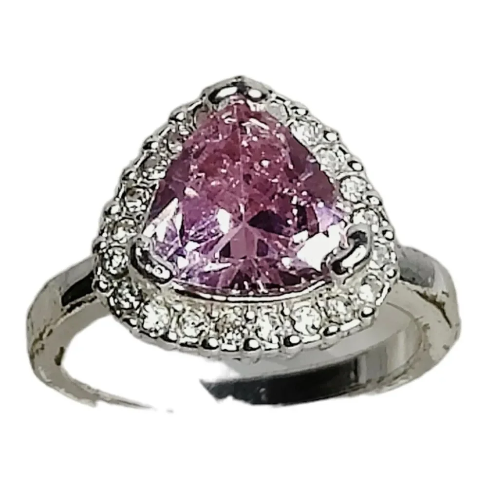Silver Tone Ring Sz 8 Triangle Cushion‎ Cut CZ Pink Stone Clear CZ Halo Jewelry